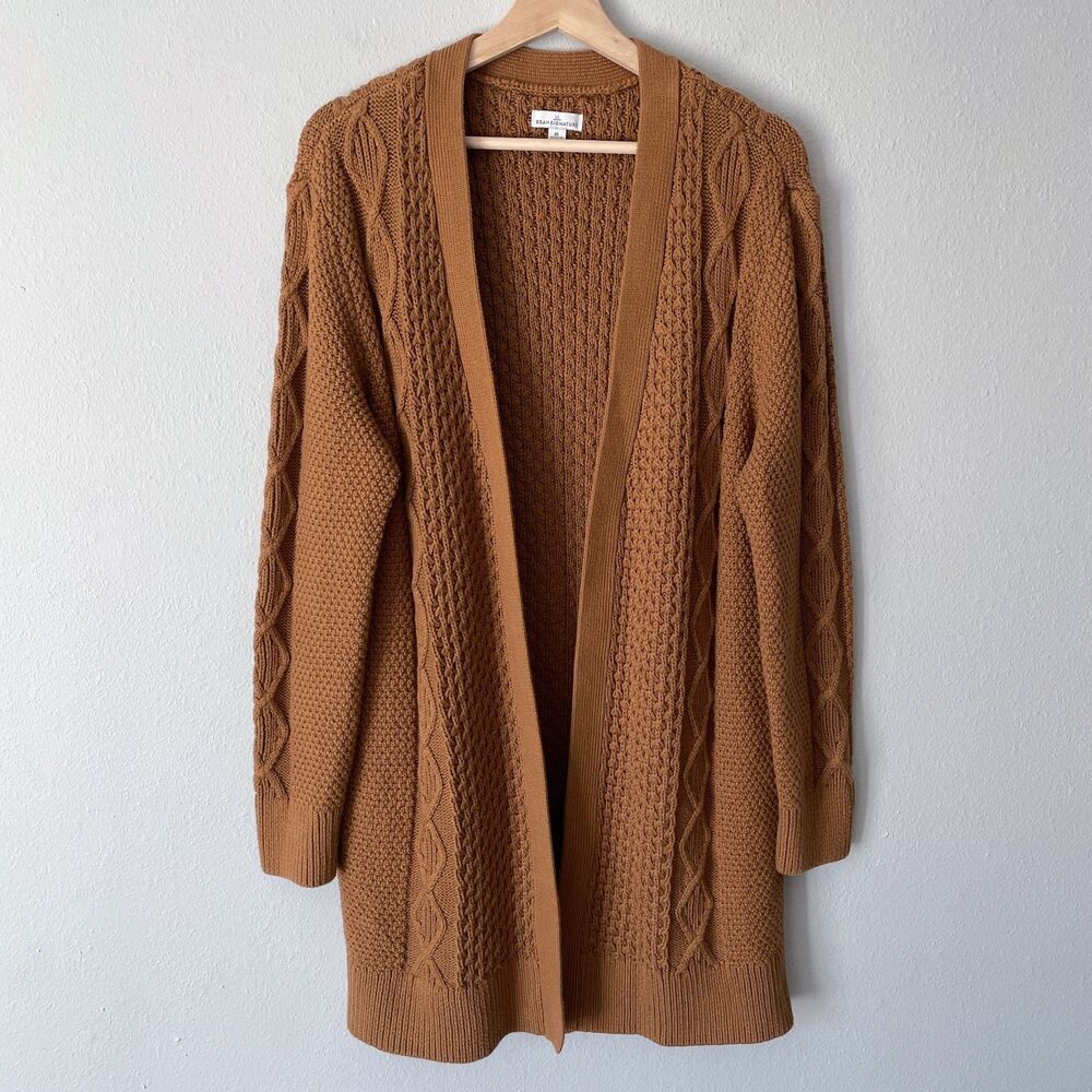 LL Bean Signature Cotton Cardigan Cable Knit Saddle Size M Open Front Pockets